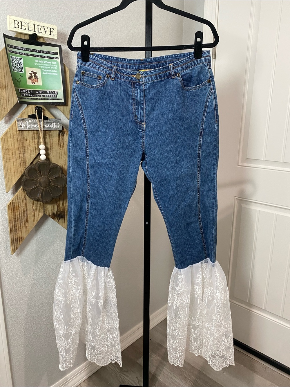 Ruby Rd. Upcycled Blue Denim Flare Jeans with White Lace Ruffle Hem